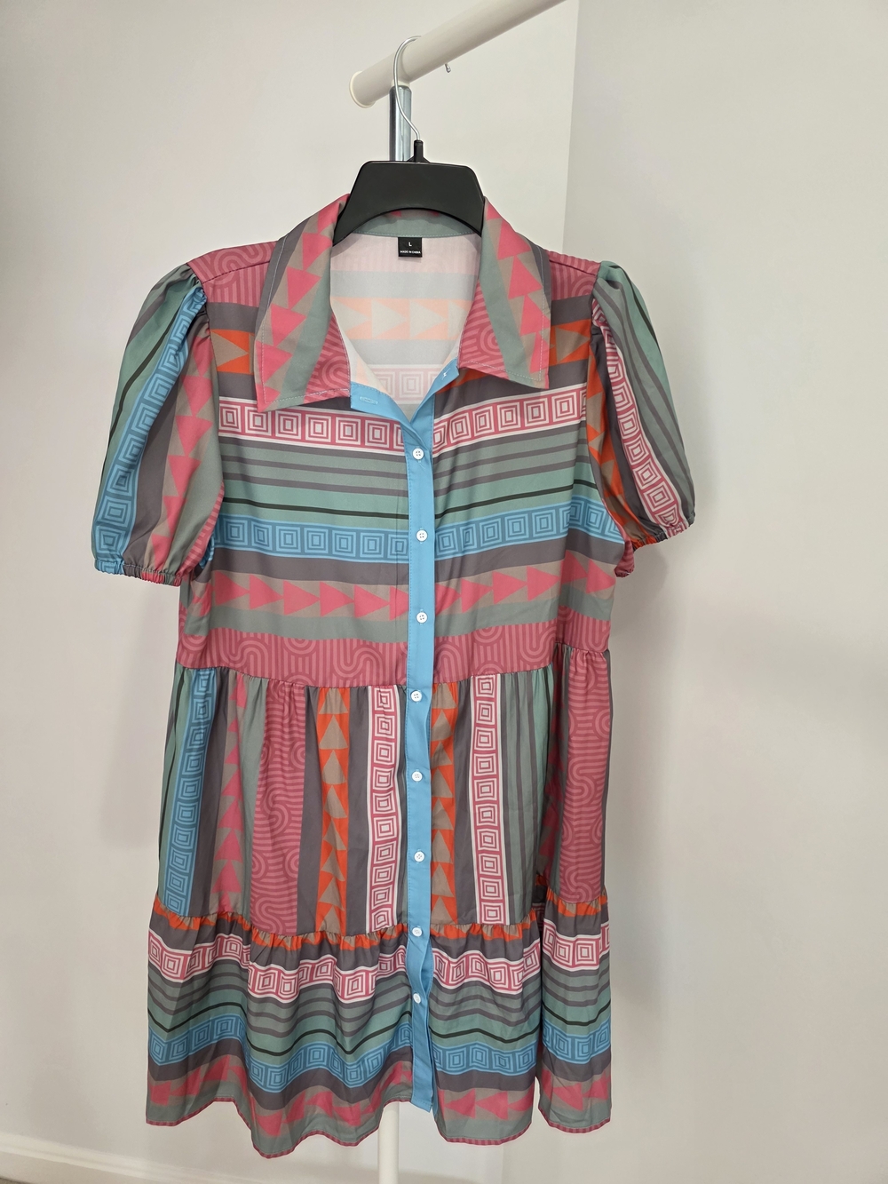 SHEIN Pink, Blue & Gray Geometric Button-Front Midi Dress